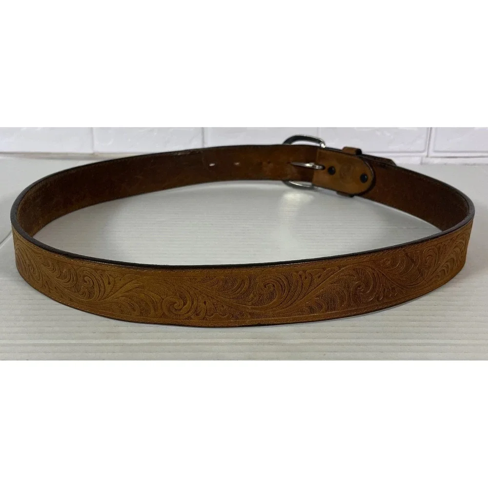 Silver Creek Belt Men 36 Brown‎ Western Floral Embossed Genuine Leather USA